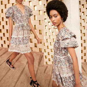 Ulla Johnson Kaitlyn Beige Paisley Floral Ruffle Tiered‎ Mini Dress Size 10